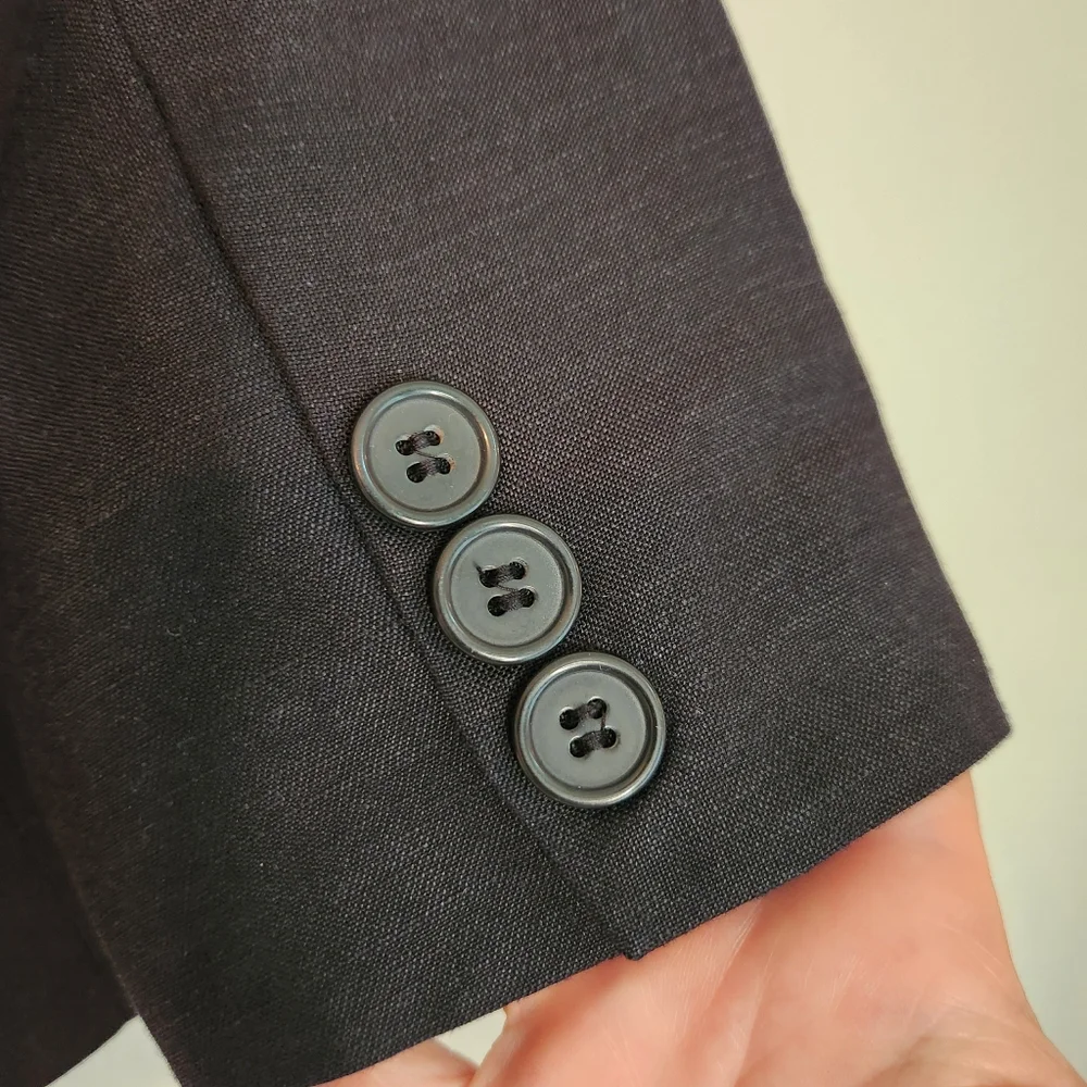 JG Hook Vintage Elegant Black Linen Blend Blazer w/ 3/4‎ Sleeves & Button Detail